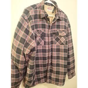 Wrangler Sherpa Fleece Lined Jacket Button Up Red Grey Plaid Flannel Men Size XL
